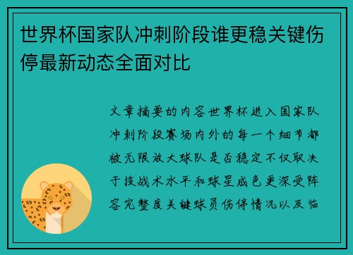 世界杯国家队冲刺阶段谁更稳关键伤停最新动态全面对比 世界杯国家队冲刺阶段谁更稳关键伤停最新动态全面对比